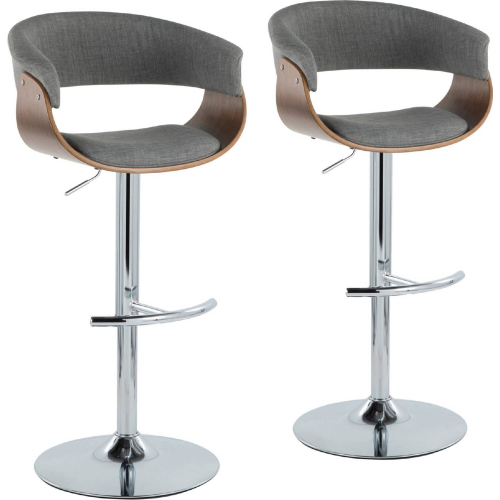 Vintage Mod Adjustable Swivel Bar Stool in Chrome, Walnut Wood & Light Grey Fabric (Set of 2)